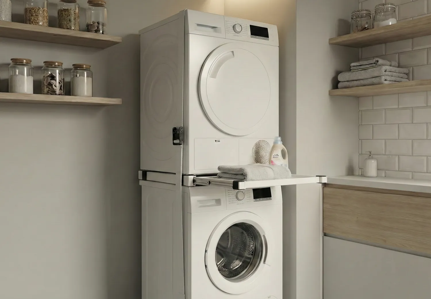 Kit Unión Lavadora Secadora Universal 60 cm con Bandeja Extensible y Cuerda Trinquete - Imagen 8