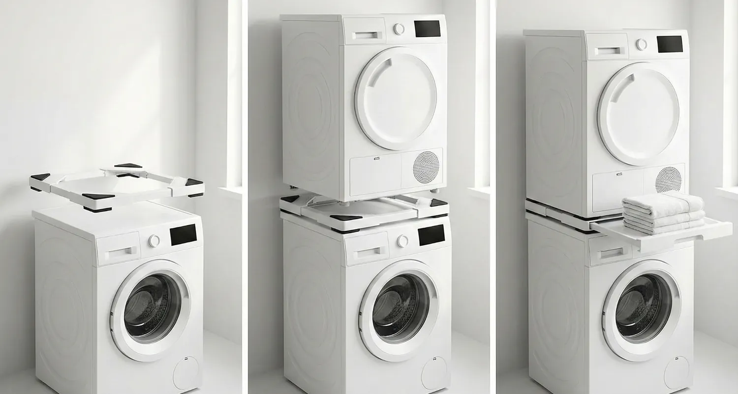 MONDII Kit Apilamiento Lavadora Secadora Universal, Bandeja Deslizante Reforzada, Soporte Antivibración 60 cm, Compatible con Todas las Marcas, Ahorra Espacio en Lavadero y Baño