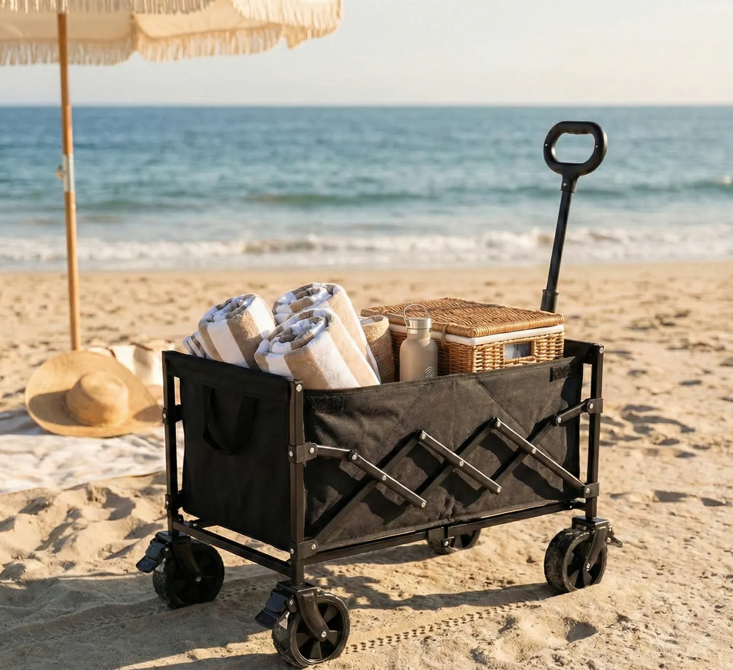 MONDII Carro de Carga Plegable 80 kg, Ruedas Grandes 360°, Freno, Carrito Playa y Camping, Carro Auxiliar para Compras y Jardín, Mango Ajustable